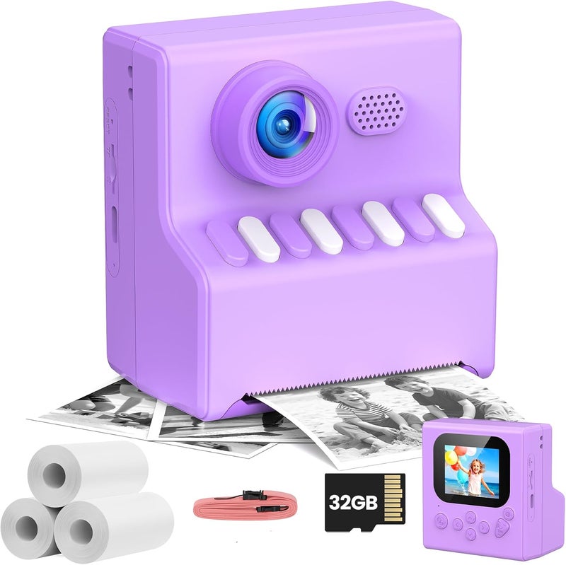 Instant Cameras That Print Photos: 48MP Kids Camera Instant Print -Toys Gifts for Girls Boys Aged 3-12 for Christmas Birthday Holiday - Portable Lanyard & 3 Rolls Printing Paper - Purple